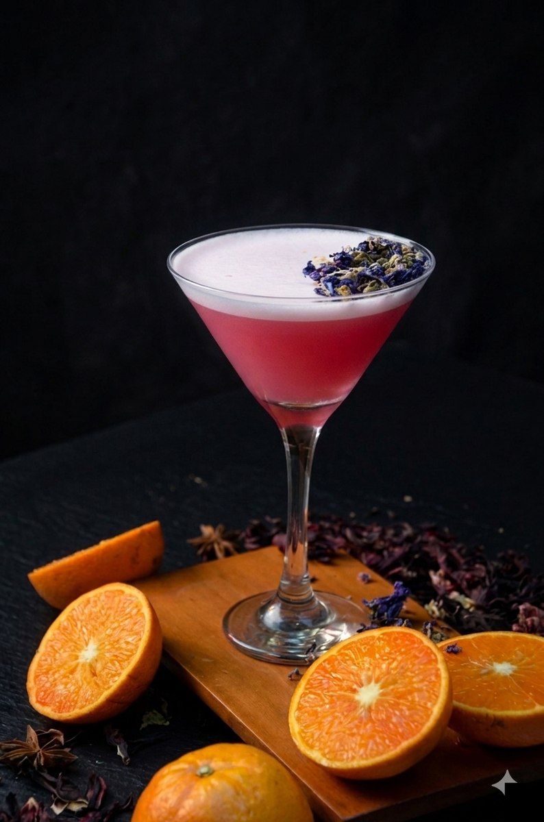 Cocktail martini floral en Harakiri de Una — copa rosada con flores secas y naranja