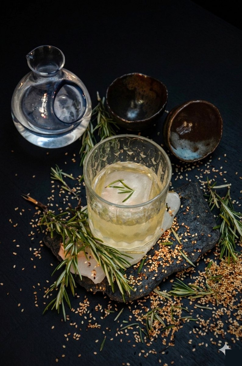 Cocktail de sake con romero y sésamo en Harakiri de Una